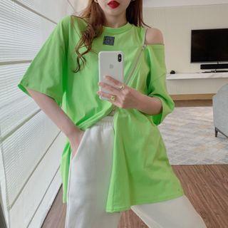 Elbow-sleeve Zipped Applique T-shirt