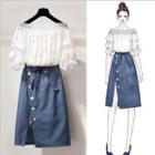 Set: Elbow-sleeve Ruffled Off-shoulder Top + Striped Wrap A-line Skirt