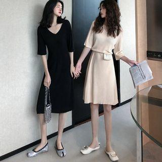 Elbow-sleeve V-neck Knit Midi A-line Dress