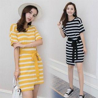 Tie-waist Striped Knit Dress