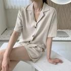 Set: Textured Open-placket Shirt + Shorts Oatmeal - One Size