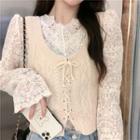 Cable Knit Vest / Flared-cuff Lace Blouse