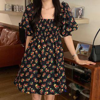 Puff Sleeve Square Neck Floral Print Dress Black - One Size