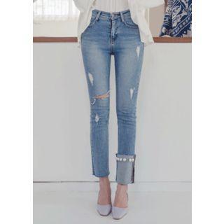 Asymmetric Cuff-hem Distressed Slim-fit Jeans