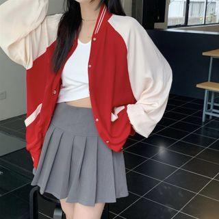 Long-sleeve Lettering Color Block Baseball Jacket