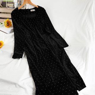 Square-neck Dotted Velvet Midi A-line Dress