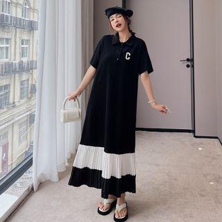 Short-sleeve Lettering Pleated Midi Polo Shirt Dress