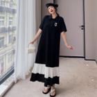 Short-sleeve Lettering Pleated Midi Polo Shirt Dress