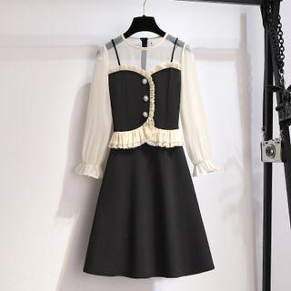Mock Two-piece Puff-sleeve Mesh A-line Dress