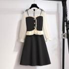 Mock Two-piece Puff-sleeve Mesh A-line Dress