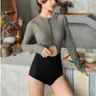 Long-sleeve Two Tone Cutout Zip-up Swimsuit