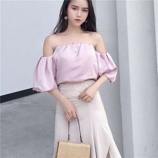 Satin Off-shoulder Elbow-sleeve Top