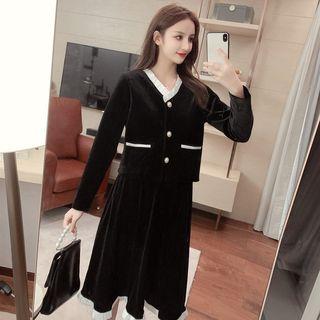 Velvet V-neck Blazer / Midi A-line Skirt