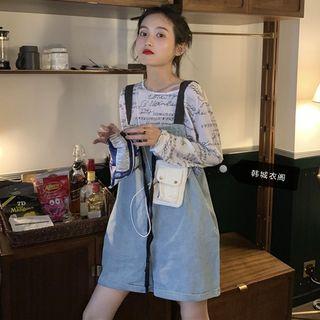 Lettering Long-sleeve T-shirt / Denim Jumper Shorts