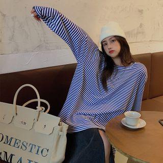 Long-sleeve Striped Loose-fit T-shirt Blue - One Size