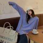 Long-sleeve Striped Loose-fit T-shirt Blue - One Size