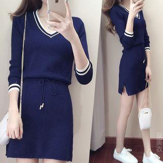 Contrast-trim Tie-waist Long-sleeve A-line Mini Dress