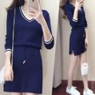 Contrast-trim Tie-waist Long-sleeve A-line Mini Dress