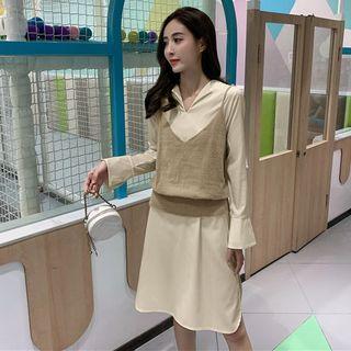 Set: Long-sleeve Frill Trim Shirt Dress + Spaghetti Strap Knit Top