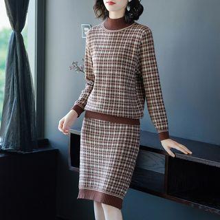 Set: Mock-neck Plaid Sweater + Knit Skirt