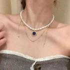 Thermal Color Changing Faux Gemstone Pendant Freshwater Pearl Layered Necklace Blue & White & Gold - One Size