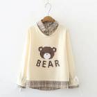 Mock Two-piece Plaid Panel Bear Print Sweatshirt Almond - One Size