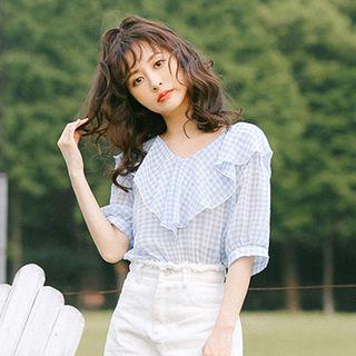 Elbow-sleeve Plaid Chiffon Top