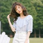 Elbow-sleeve Plaid Chiffon Top