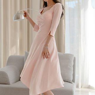 Sweetheart Neckline 3/4-sleeve Asymmetric Midi Chiffon Dress