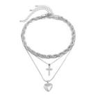 Cross Rhinestone Heart Pendant Layered Choker Necklace