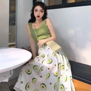 Plain Camisole Top / Printed Midi A-line Skirt