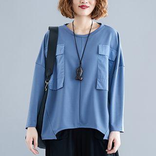 Long-sleeve Asymmetric T-shirt Blue - One Size