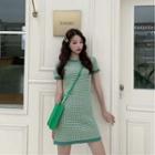 Short-sleeve Patterned Knit Mini Sheath Dress Avocado Green - One Size
