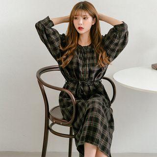 Shirred Half-placket Long Plaid Dress