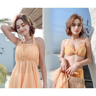Set: Ruffle Trim Bikini Top + Shorts + Halter-neck Cover-up