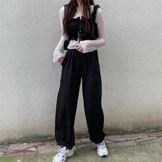 Long-sleeve Lace Top / Cropped Camisole Top / Wide-leg Pants