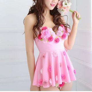 Set: Flower Accent Swimdress + Bikini Bottom