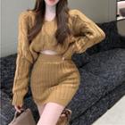 Set: Cable Knit Crop Hooded Sweater + High Waist Ribbed Mini Skirt