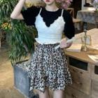 Round-neck Puff-sleeve T-shirt / V-neck Camisole Top / High-waist Leopard Mini Skirt