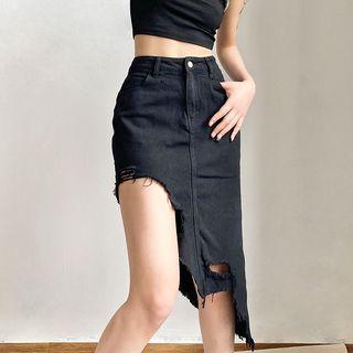 Plain High Waist Asymmetric Denim Skirt