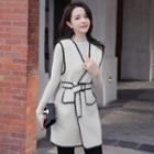 Mock Neck Long Sleeve Knit Top / Contrast Trim Long Vest / Set