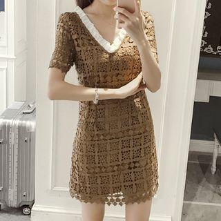 Frill Trim Lace V-neck Short Sleeve Dress
