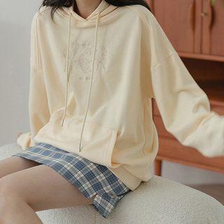 Plain Cartoon Embroidered Hoodie Yellow - One Size