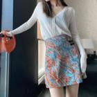 Ripped Cardigan / Printed Mini Skirt / Set