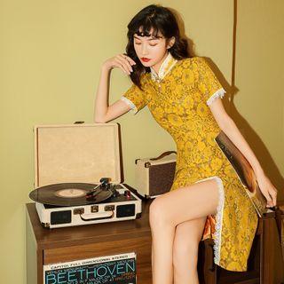 Short-sleeve Slit-front Lace Midi Qipao