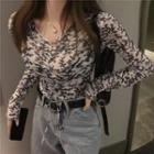 Floral Drawstring Long-sleeve Cropped Top Floral - White - One Size