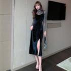 Set: Glitter Long-sleeve Mesh Top + Glitter Velvet Overall Dress