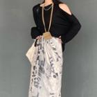 Long-sleeve Off-shoulder Black Top / Tie-dye Asymmetrical Semi Skirt