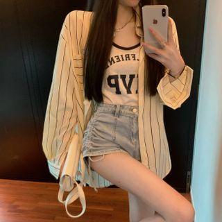 Lettering Tank Top / Distressed Denim Shorts / Striped Shirt