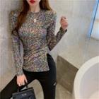 Long-sleeve Print Slit-side Top As The Picture Shows - One Size